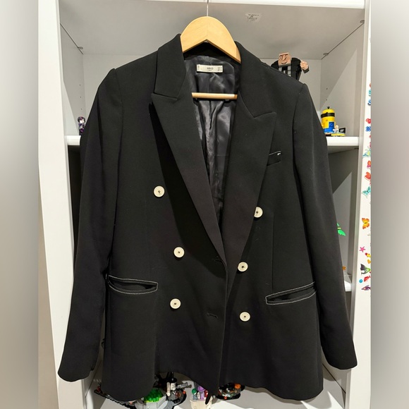 Mango MNG Women’s Double Breasted Black Blazer With Contrast Stitching Size M - Picture 2 of 7